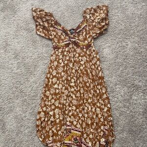 Angie Brown Floral Boho Dress with Burgundy Accents